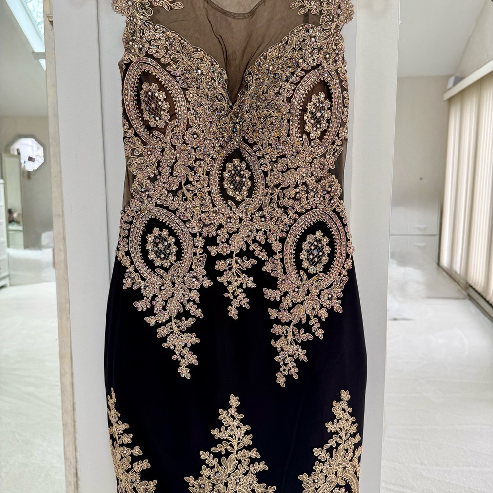 GLOW Royal Elegance Black and Gold Embellished Prom Dress